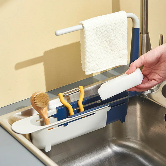 Telescopic Kitchen Sink Organizer Shelf, Adjustable Sink Drain Rack with Soap Sponge Holder & Towel Hanger