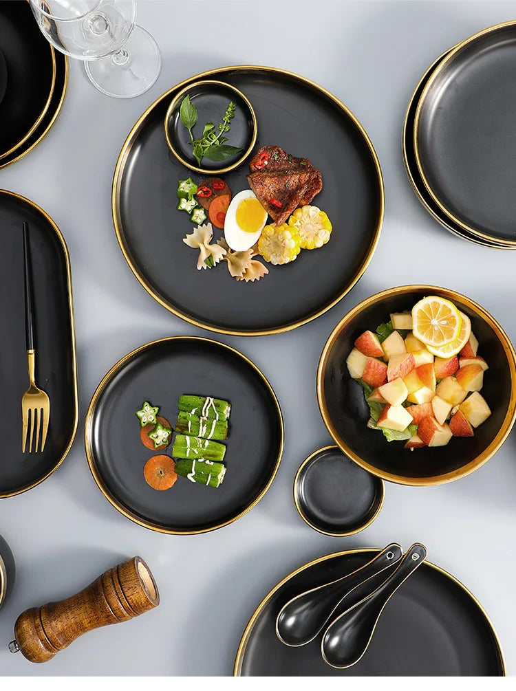 Black Porcelain Dinnerware Set with Gold Rim, Ceramic Plates, Bowls & Cutlery for Home & Restaurant Use