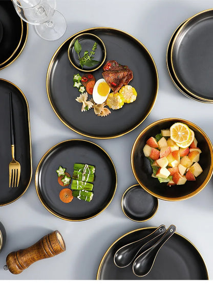 Black Porcelain Dinnerware Set with Gold Rim, Ceramic Plates, Bowls & Cutlery for Home & Restaurant Use