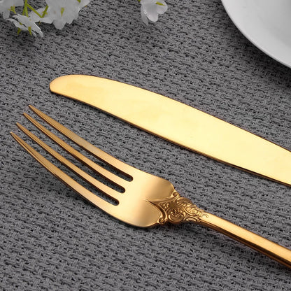 20/30PCS Luxury Gold & Silver Cutlery Set, Vintage Stainless Steel Flatware with Engraved Forks, Spoons & Knives