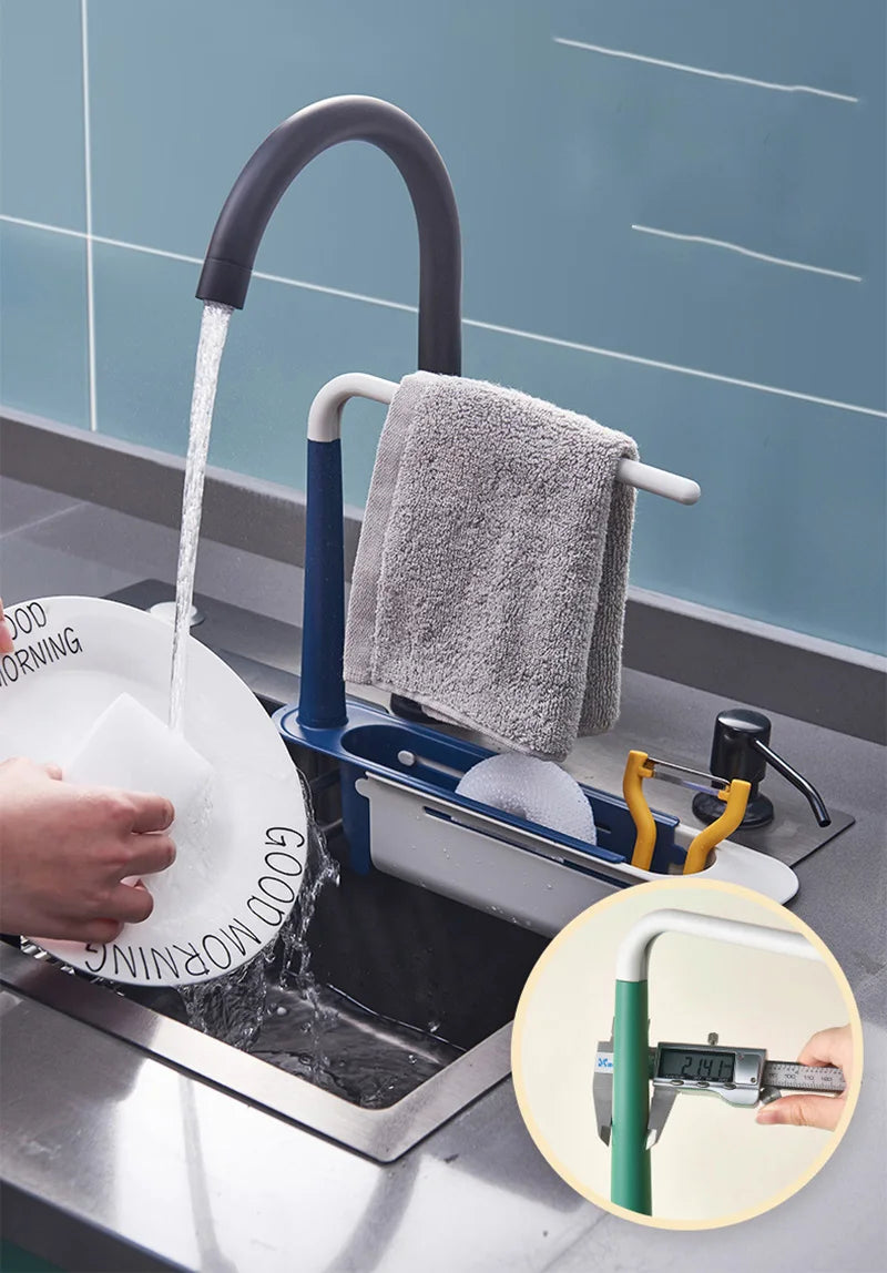 Telescopic Kitchen Sink Organizer Shelf, Adjustable Sink Drain Rack with Soap Sponge Holder & Towel Hanger