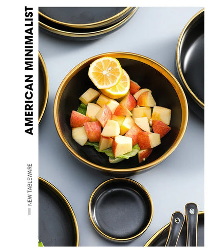 Black Porcelain Dinnerware Set with Gold Rim, Ceramic Plates, Bowls & Cutlery for Home & Restaurant Use