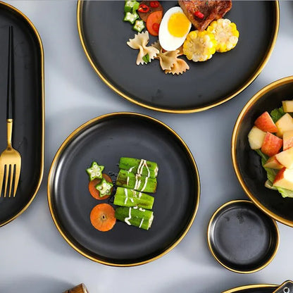 Black Porcelain Dinnerware Set with Gold Rim, Ceramic Plates, Bowls & Cutlery for Home & Restaurant Use