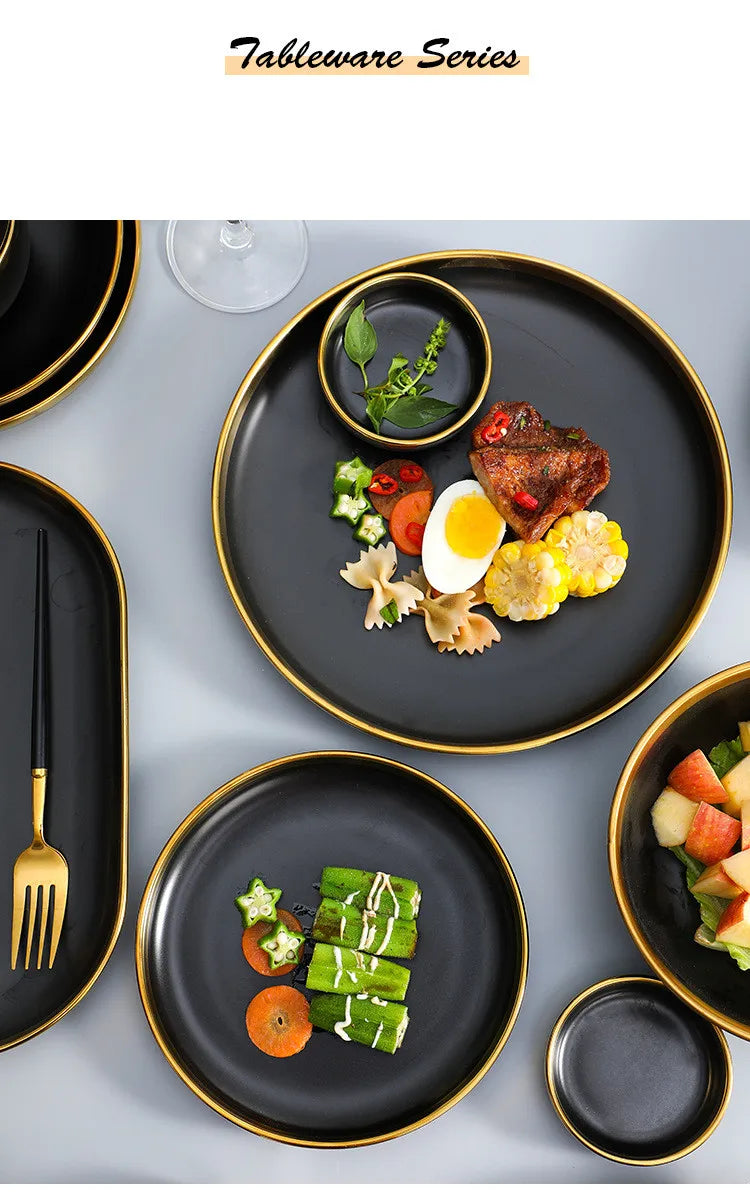 Black Porcelain Dinnerware Set with Gold Rim, Ceramic Plates, Bowls & Cutlery for Home & Restaurant Use