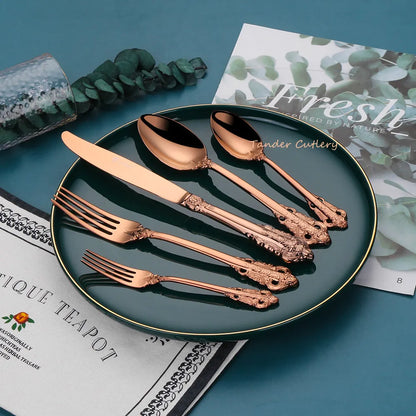 20/30PCS Luxury Gold & Silver Cutlery Set, Vintage Stainless Steel Flatware with Engraved Forks, Spoons & Knives