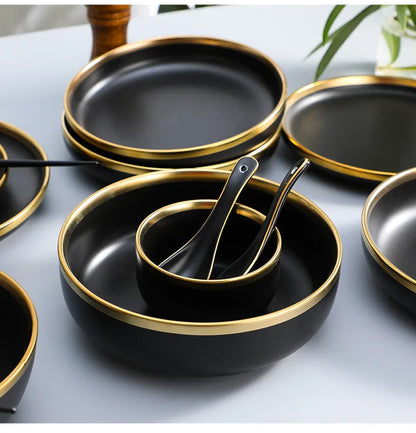 Black Porcelain Dinnerware Set with Gold Rim, Ceramic Plates, Bowls & Cutlery for Home & Restaurant Use