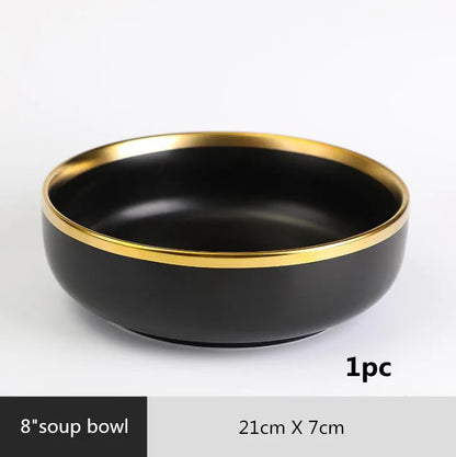 Black Porcelain Dinnerware Set with Gold Rim, Ceramic Plates, Bowls & Cutlery for Home & Restaurant Use