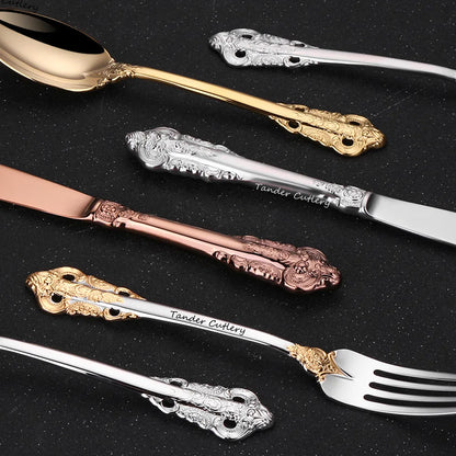 20/30PCS Luxury Gold & Silver Cutlery Set, Vintage Stainless Steel Flatware with Engraved Forks, Spoons & Knives
