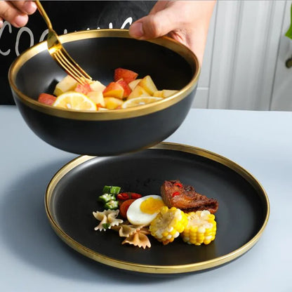 Black Porcelain Dinnerware Set with Gold Rim, Ceramic Plates, Bowls & Cutlery for Home & Restaurant Use