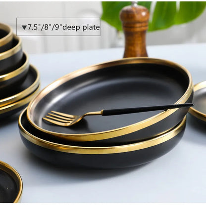 Black Porcelain Dinnerware Set with Gold Rim, Ceramic Plates, Bowls & Cutlery for Home & Restaurant Use