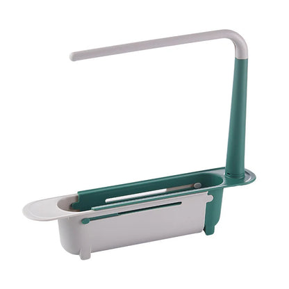 Telescopic Kitchen Sink Organizer Shelf, Adjustable Sink Drain Rack with Soap Sponge Holder & Towel Hanger