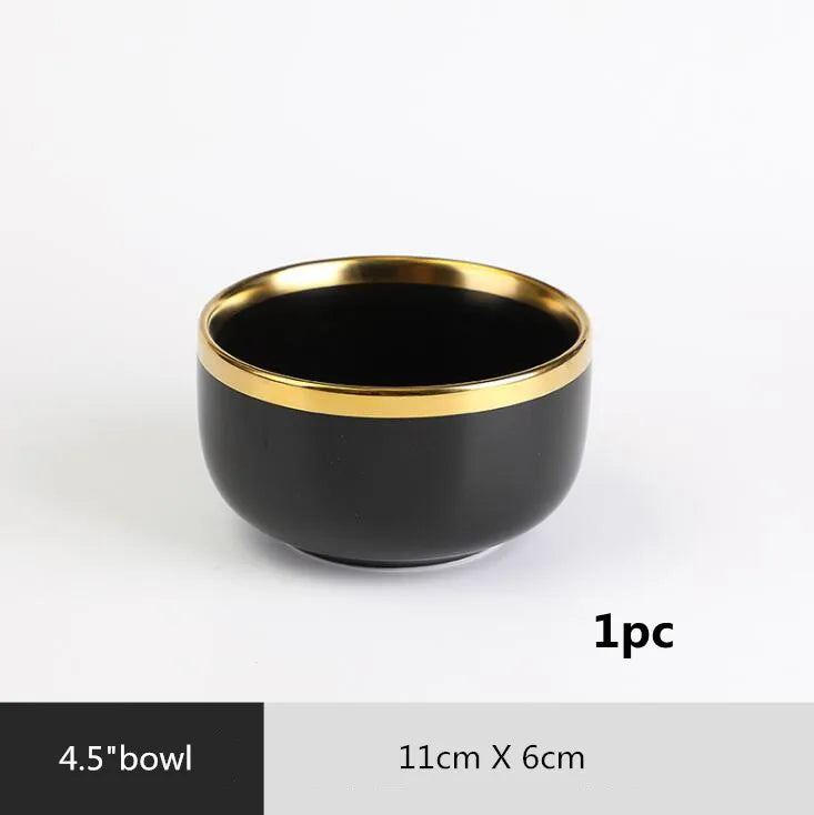 Black Porcelain Dinnerware Set with Gold Rim, Ceramic Plates, Bowls & Cutlery for Home & Restaurant Use