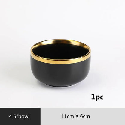 Black Porcelain Dinnerware Set with Gold Rim, Ceramic Plates, Bowls & Cutlery for Home & Restaurant Use