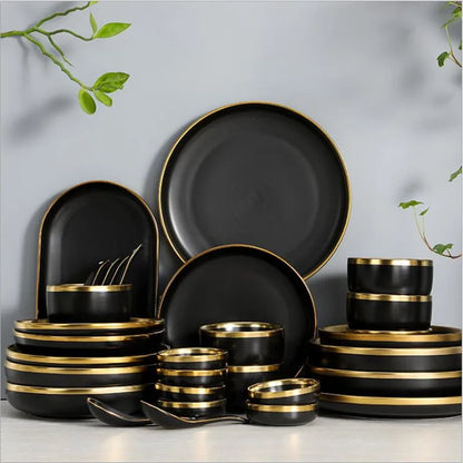 Black Porcelain Dinnerware Set with Gold Rim, Ceramic Plates, Bowls & Cutlery for Home & Restaurant Use
