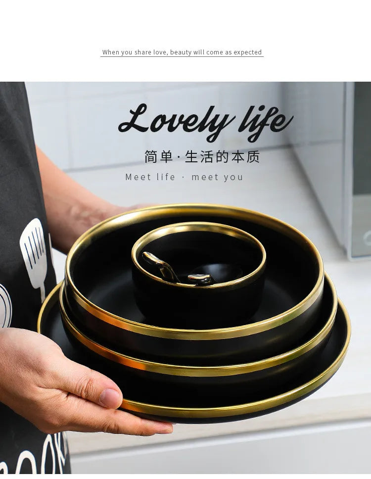 Black Porcelain Dinnerware Set with Gold Rim, Ceramic Plates, Bowls & Cutlery for Home & Restaurant Use