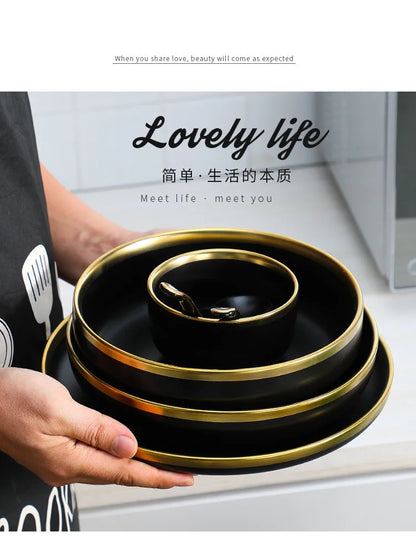 Black Porcelain Dinnerware Set with Gold Rim, Ceramic Plates, Bowls & Cutlery for Home & Restaurant Use