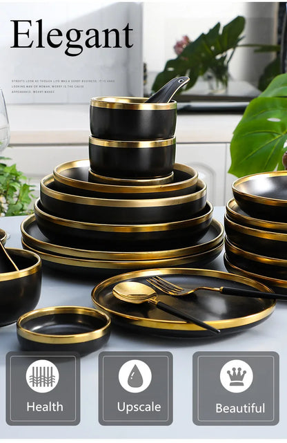 Black Porcelain Dinnerware Set with Gold Rim, Ceramic Plates, Bowls & Cutlery for Home & Restaurant Use