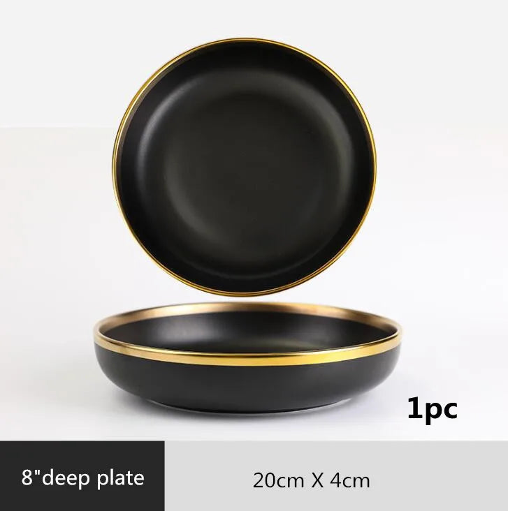 Black Porcelain Dinnerware Set with Gold Rim, Ceramic Plates, Bowls & Cutlery for Home & Restaurant Use