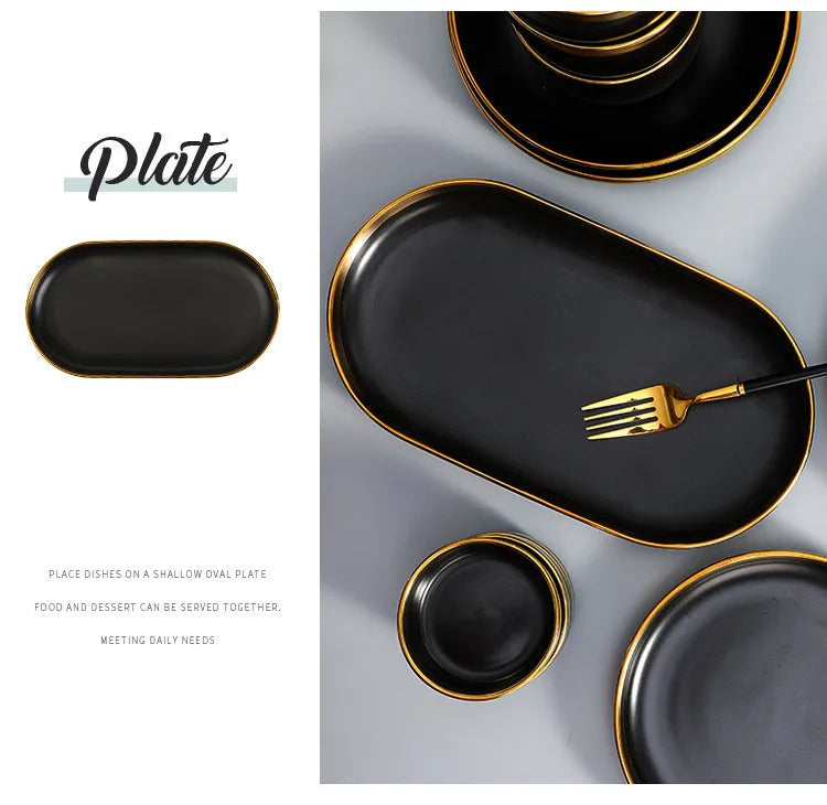 Black Porcelain Dinnerware Set with Gold Rim, Ceramic Plates, Bowls & Cutlery for Home & Restaurant Use
