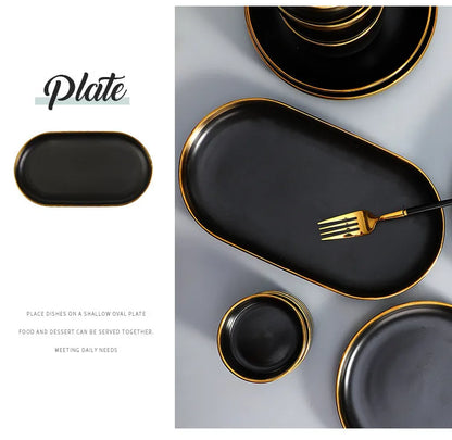 Black Porcelain Dinnerware Set with Gold Rim, Ceramic Plates, Bowls & Cutlery for Home & Restaurant Use