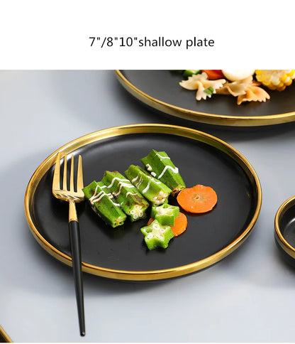 Black Porcelain Dinnerware Set with Gold Rim, Ceramic Plates, Bowls & Cutlery for Home & Restaurant Use