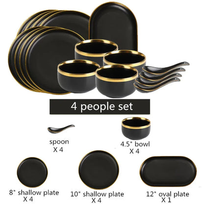Black Porcelain Dinnerware Set with Gold Rim, Ceramic Plates, Bowls & Cutlery for Home & Restaurant Use
