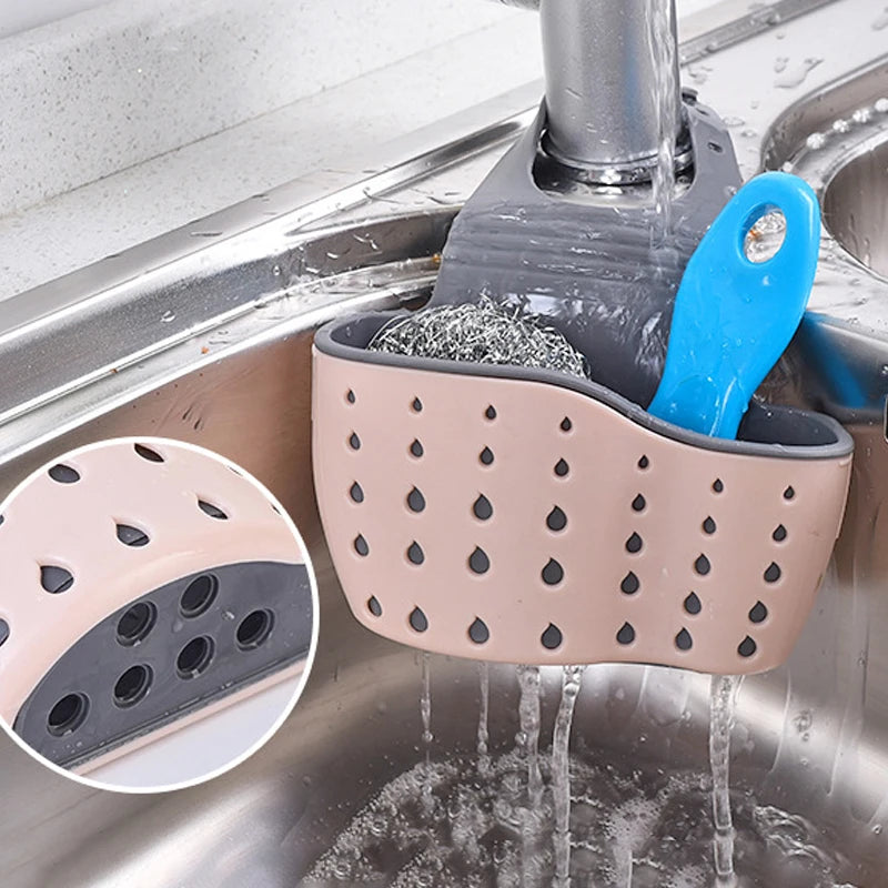 Kitchen Sink Storage Drain Basket – Adjustable Soap & Sponge Holder Hanging Shelf Organizer