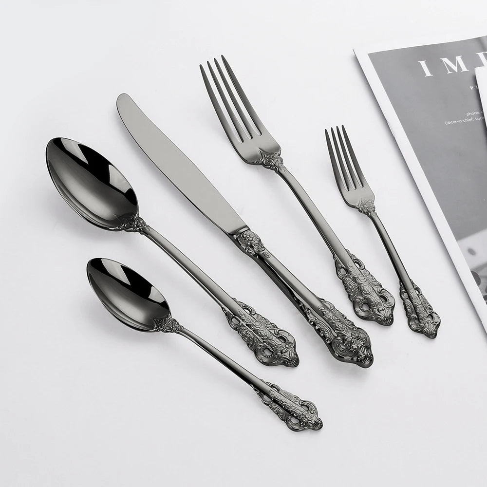 20/30PCS Luxury Gold & Silver Cutlery Set, Vintage Stainless Steel Flatware with Engraved Forks, Spoons & Knives