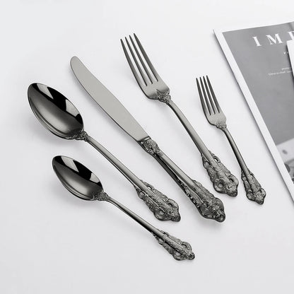 20/30PCS Luxury Gold & Silver Cutlery Set, Vintage Stainless Steel Flatware with Engraved Forks, Spoons & Knives