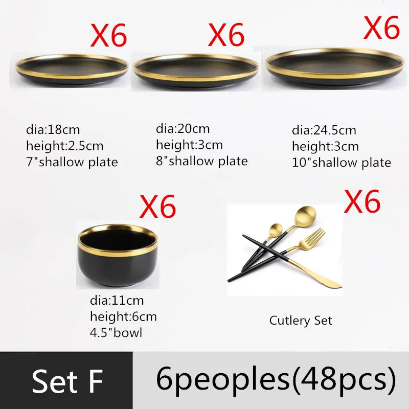 Black Porcelain Dinnerware Set with Gold Rim, Ceramic Plates, Bowls & Cutlery for Home & Restaurant Use