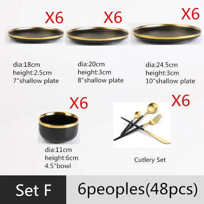 Black Porcelain Dinnerware Set with Gold Rim, Ceramic Plates, Bowls & Cutlery for Home & Restaurant Use