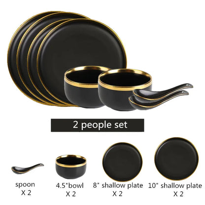 Black Porcelain Dinnerware Set with Gold Rim, Ceramic Plates, Bowls & Cutlery for Home & Restaurant Use