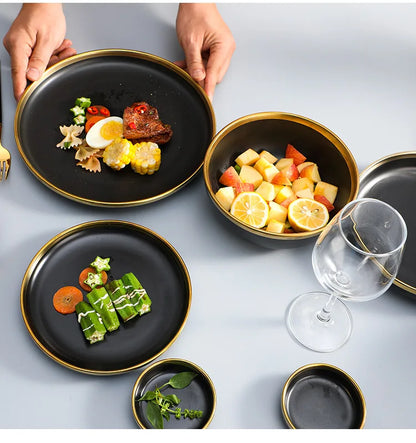 Black Porcelain Dinnerware Set with Gold Rim, Ceramic Plates, Bowls & Cutlery for Home & Restaurant Use