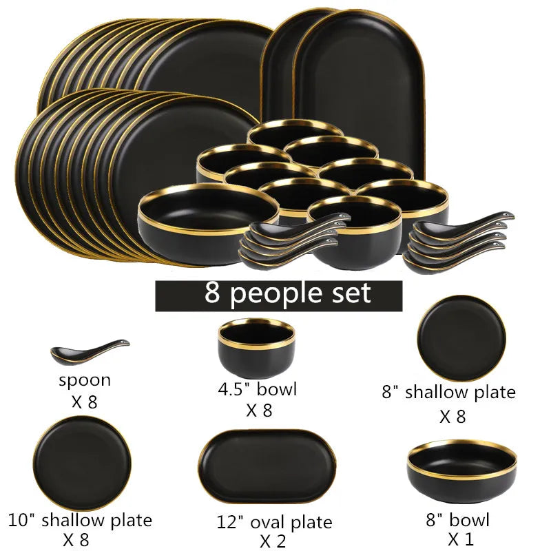 Black Porcelain Dinnerware Set with Gold Rim, Ceramic Plates, Bowls & Cutlery for Home & Restaurant Use