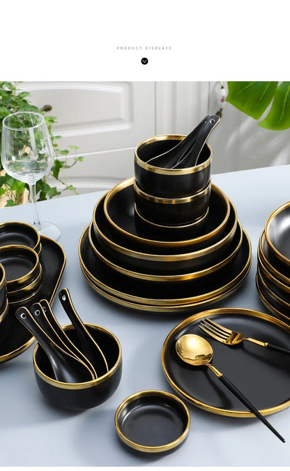 Black Porcelain Dinnerware Set with Gold Rim, Ceramic Plates, Bowls & Cutlery for Home & Restaurant Use