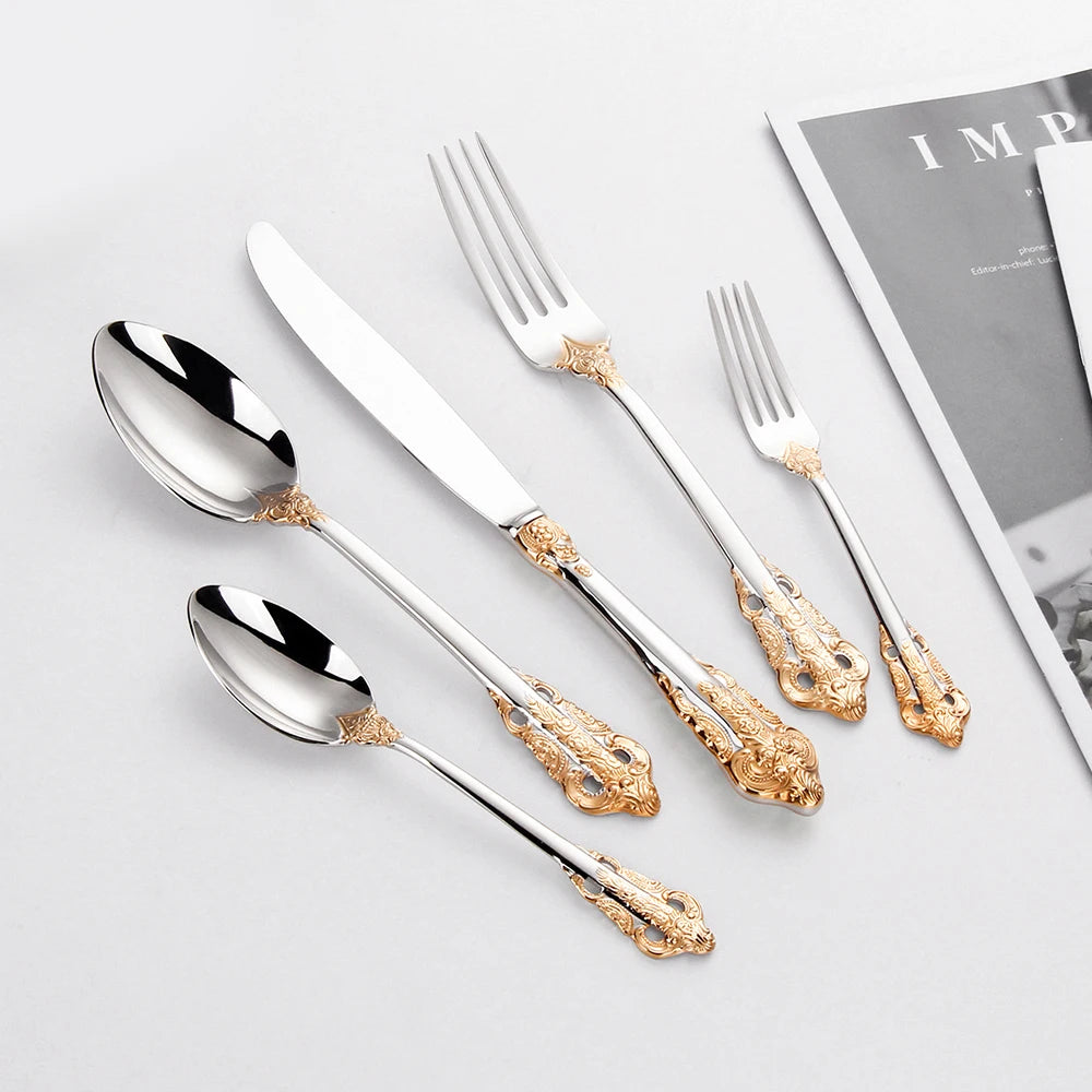 20/30PCS Luxury Gold & Silver Cutlery Set, Vintage Stainless Steel Flatware with Engraved Forks, Spoons & Knives