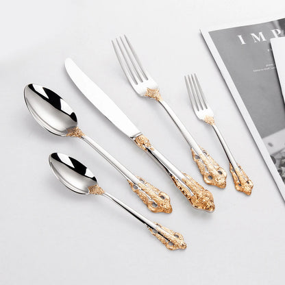 20/30PCS Luxury Gold & Silver Cutlery Set, Vintage Stainless Steel Flatware with Engraved Forks, Spoons & Knives