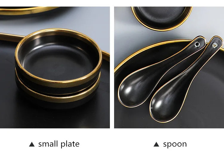 Black Porcelain Dinnerware Set with Gold Rim, Ceramic Plates, Bowls & Cutlery for Home & Restaurant Use