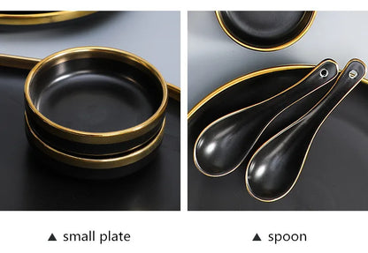 Black Porcelain Dinnerware Set with Gold Rim, Ceramic Plates, Bowls & Cutlery for Home & Restaurant Use