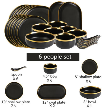 Black Porcelain Dinnerware Set with Gold Rim, Ceramic Plates, Bowls & Cutlery for Home & Restaurant Use