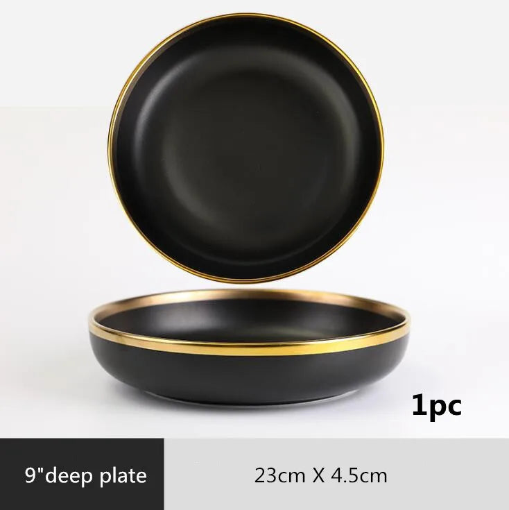 Black Porcelain Dinnerware Set with Gold Rim, Ceramic Plates, Bowls & Cutlery for Home & Restaurant Use