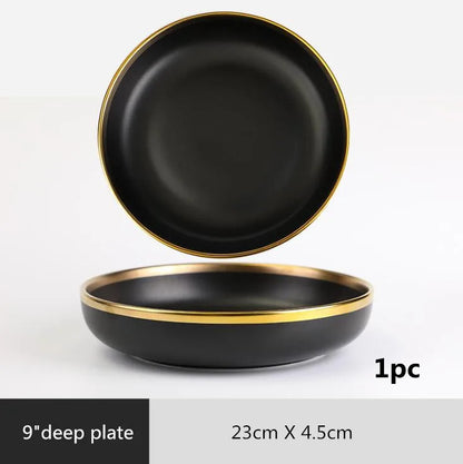 Black Porcelain Dinnerware Set with Gold Rim, Ceramic Plates, Bowls & Cutlery for Home & Restaurant Use