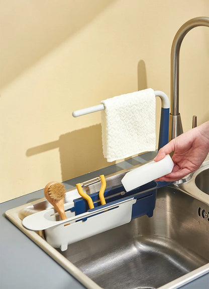 Telescopic Kitchen Sink Organizer Shelf, Adjustable Sink Drain Rack with Soap Sponge Holder & Towel Hanger