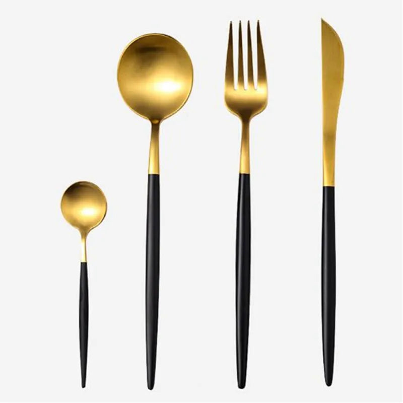 Black Porcelain Dinnerware Set with Gold Rim, Ceramic Plates, Bowls & Cutlery for Home & Restaurant Use