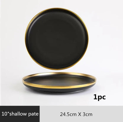Black Porcelain Dinnerware Set with Gold Rim, Ceramic Plates, Bowls & Cutlery for Home & Restaurant Use