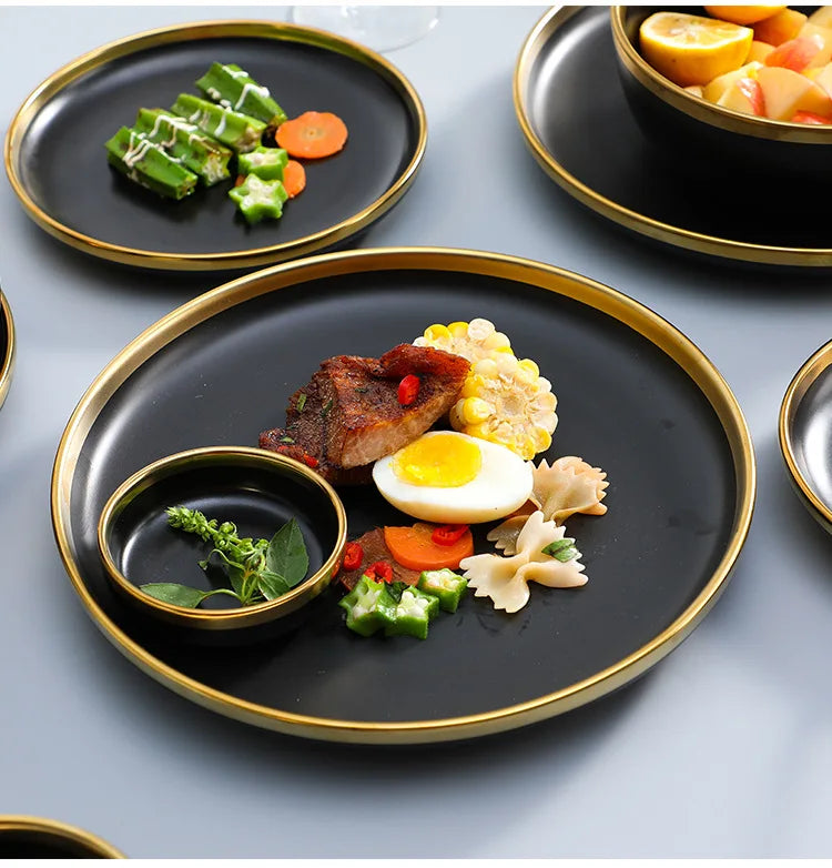 Black Porcelain Dinnerware Set with Gold Rim, Ceramic Plates, Bowls & Cutlery for Home & Restaurant Use
