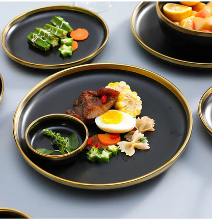Black Porcelain Dinnerware Set with Gold Rim, Ceramic Plates, Bowls & Cutlery for Home & Restaurant Use