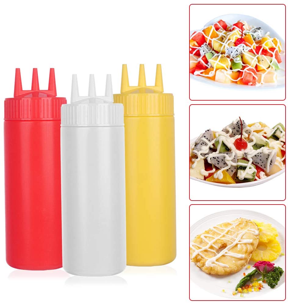 Ketchup Squeeze Bottle Plastic – Condiment Squirt Bottle with 3-Hole Dispensing for Oil, BBQ Sauces, and More