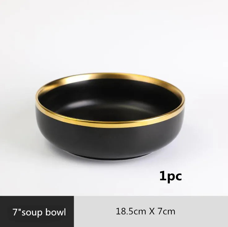 Black Porcelain Dinnerware Set with Gold Rim, Ceramic Plates, Bowls & Cutlery for Home & Restaurant Use