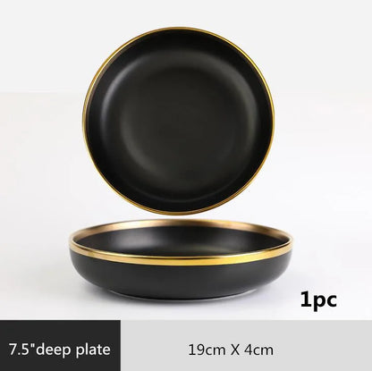 Black Porcelain Dinnerware Set with Gold Rim, Ceramic Plates, Bowls & Cutlery for Home & Restaurant Use